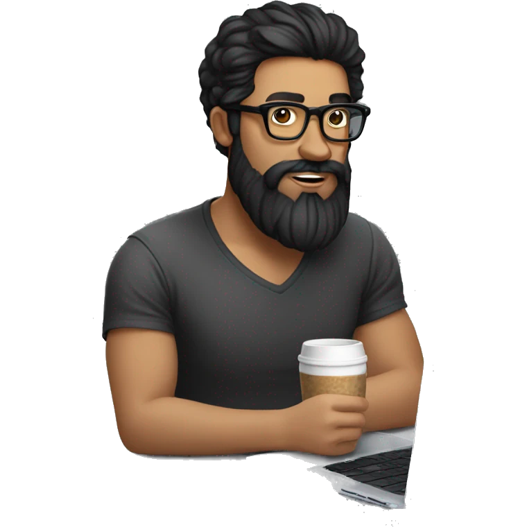 Designer with black hair, beard and glasses working with MacBook and drinking cappuccino with girl snger emoji