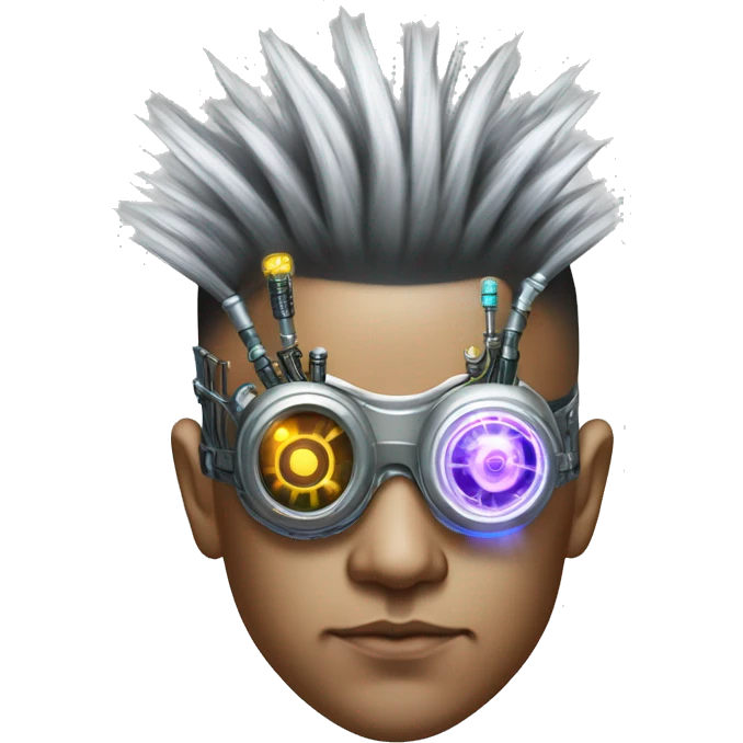 Mohawk hair Asian male cyborg head with neon silver steampunk goggles and circuits emoji