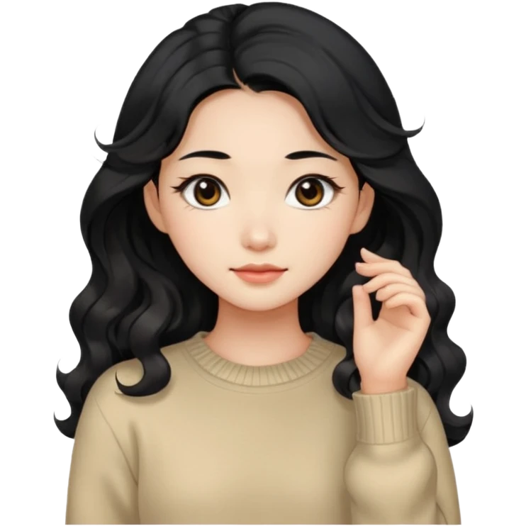 Beautiful girl,Black hair, wavy long hair,Black eyes,Chinese, beige sweater  emoji
