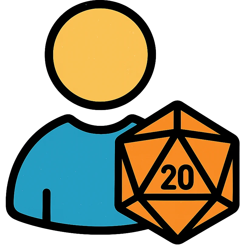 minimalist gray icon of a player silhouette with a D20 dice, worn distressed look emoji
