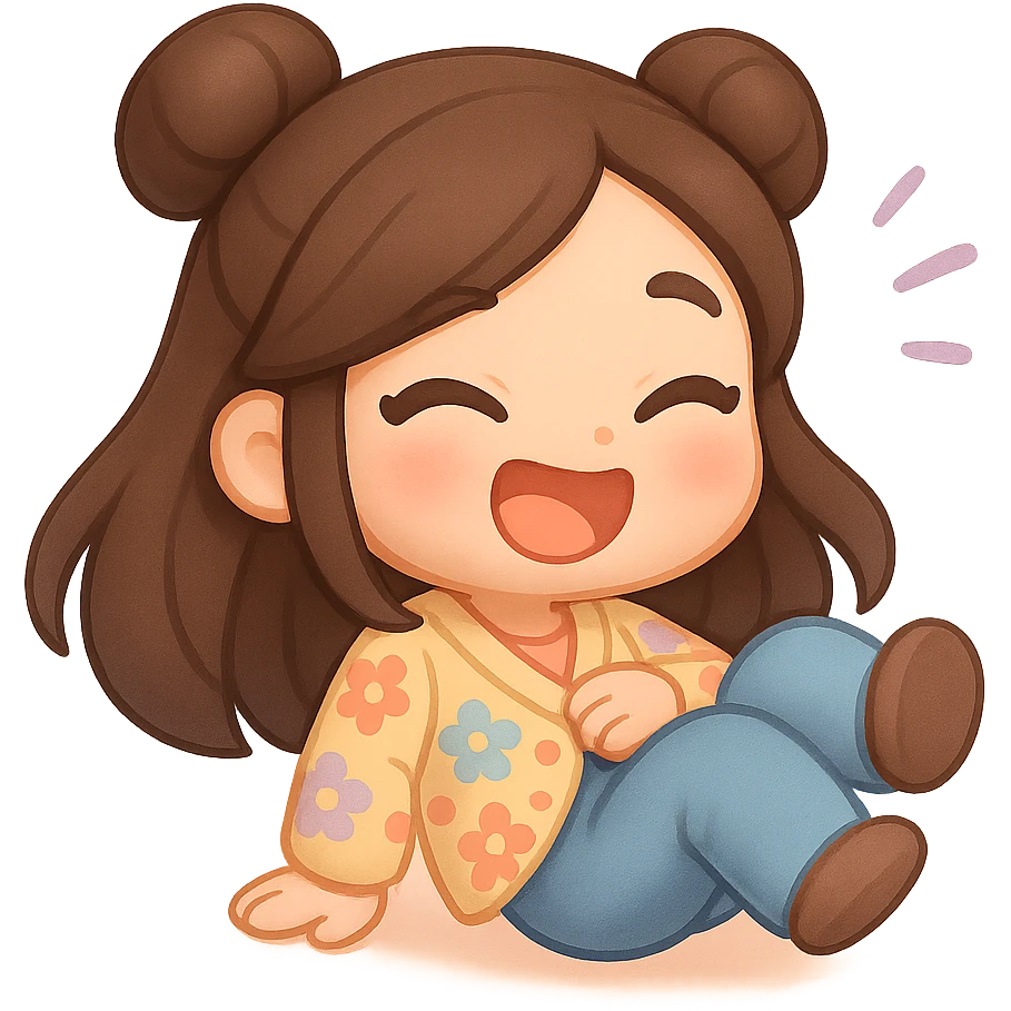 3D chibi style mochi girl, high-quality rendering with smooth shadows and soft gradients, long brown hair in two space buns, brown eyes, jeans, pastel floral cardigan, thick white outline like a sticker, transparent background, rolling on the floor laughing, preserve facial features from reference image emoji