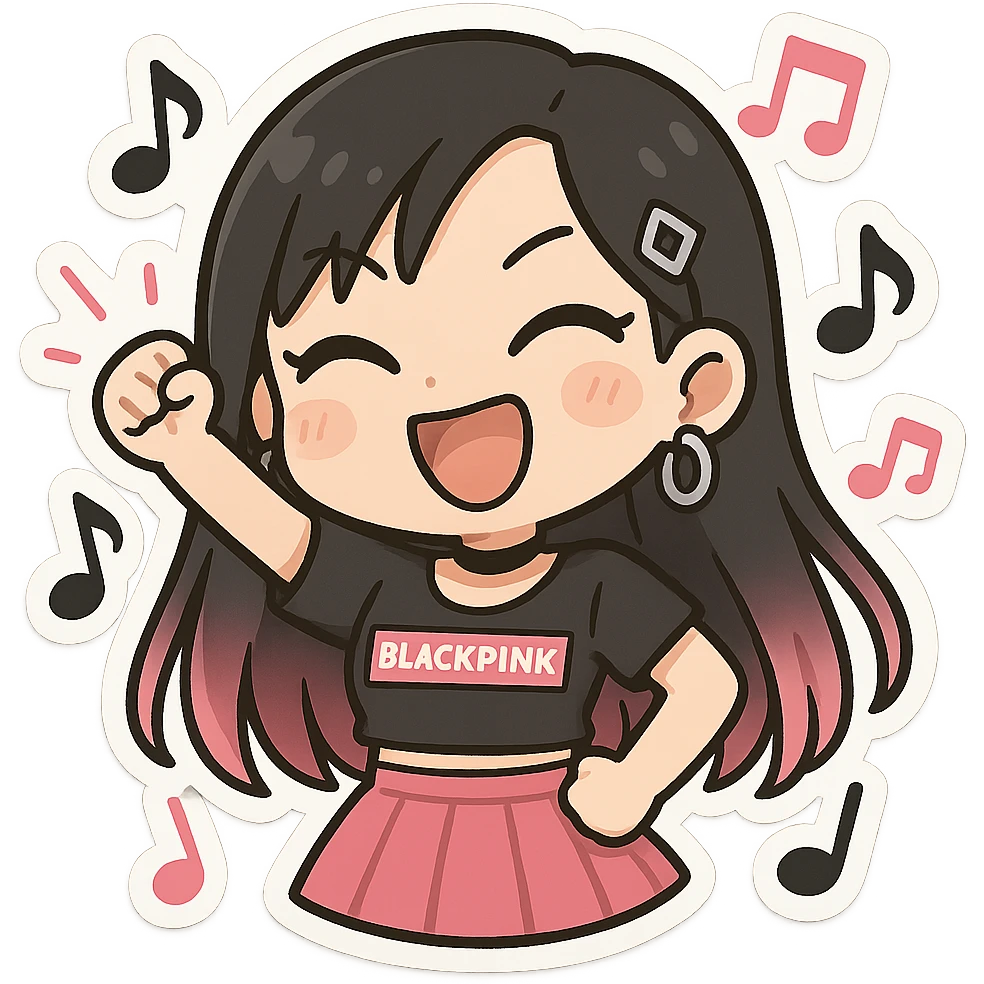 BLACKPINK-inspired chibi sticker, black and pink music note, fun and energetic emoji