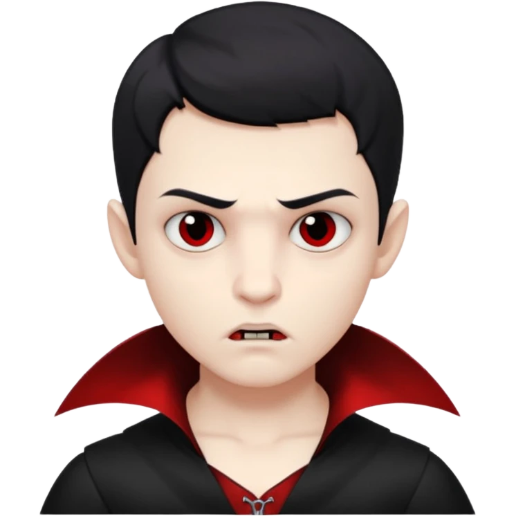 Vampire boy with the short black hair, pale scin, black eyes, little fangs and dark circles under his eyes. He has serious face emoji