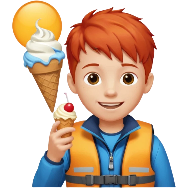 boy kid red haired wearing lifejacket, eating ice cream, sun emoji