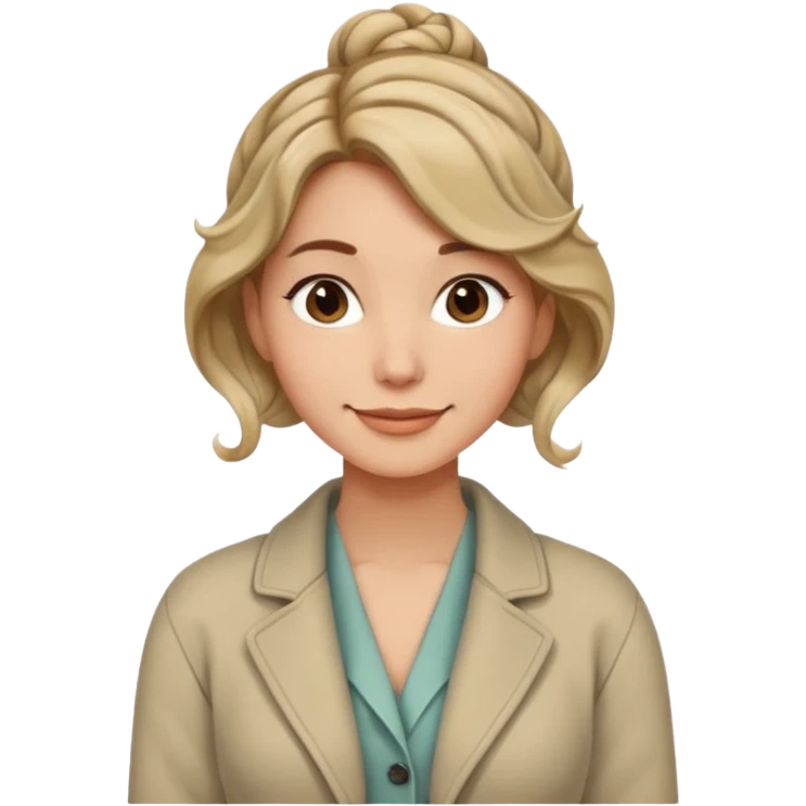 Женщина с волнистыми волосами, собранными в низкий пучок, спокойная улыбка, однотонный жакет или кардиган, стиль сдержанно-элегантный. emoji