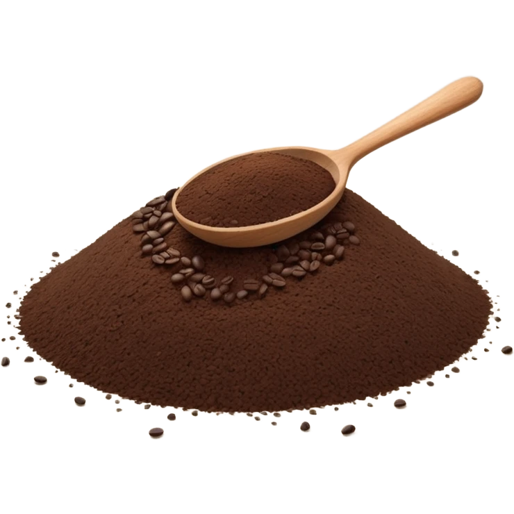 small mound of ground coffee, dark brown, textured, loose grains at base, tiny wooden spoon partially placed in, clean minimal 3D, soft shadows and lighting, realistic but stylized, no packaging no cup no beans emoji