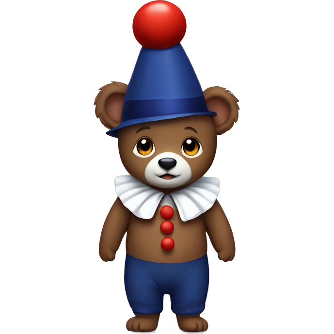 Brown baby bear. Clothes are Red White and Navy. Wearing jester collar and a clown hat.  emoji