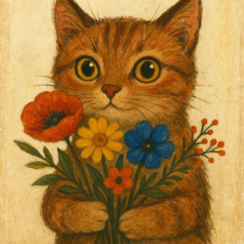 a cat holding flowers, diverse artistic styles, style 4 emoji