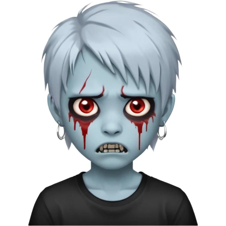  3D emoji-style avatar with very pale blue-grey zombie skin , a young Asian face, and large eyes with blood tears. Give it white litle bit messy mullet hair style , silver hoop earrings, and a plain black T-shirt. The face expression should be slightly angry, with vampire fang emoji