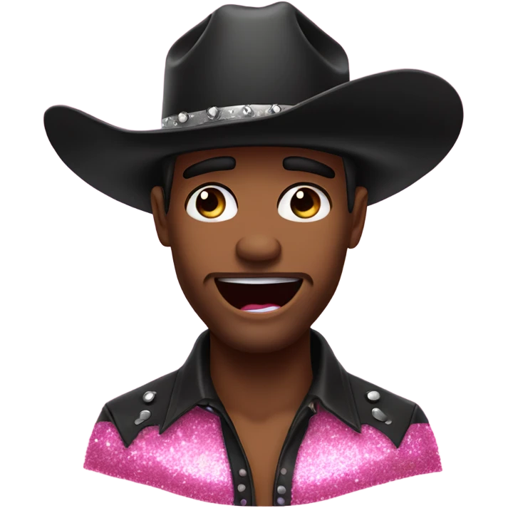 Man with black cowboy hat happy crying pink glitter tears. He looks proud emoji