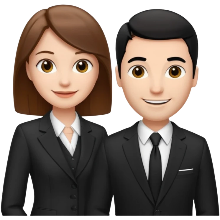 white woman with brown hair and white man with black hair in suits partnership emoji