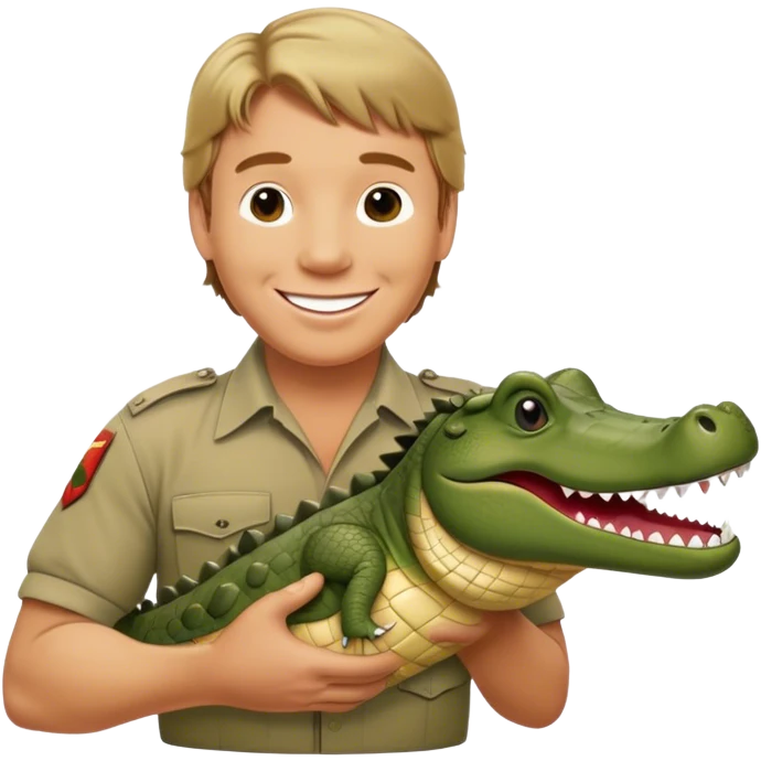 Cinematic Realistic Steve Irwin Portrait Emoji, in his signature khaki attire, holding a crocodile or giving an excited thumbs-up. The scene is lit with vibrant, natural sunlight, emphasizing his adventurous spirit and deep connection to nature. emoji
