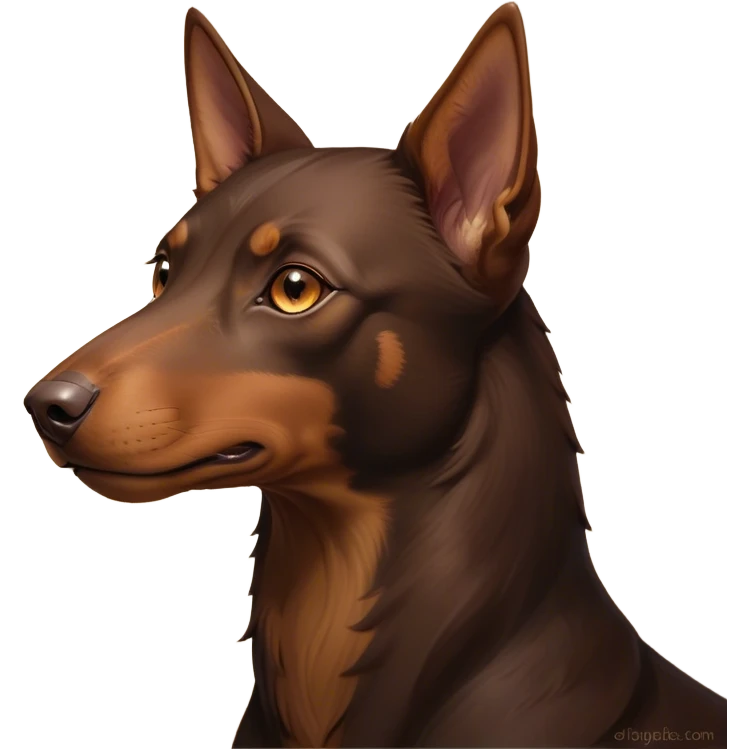 Cinematic Noble Brown and Tan Kelpie Portrait Emoji, Poised and regal, with a strong, agile build and a rich, well-groomed Fur of warm brown and tan, piercing warm eyes, Simplified yet sharp and sophisticated features, highly detailed, glowing with a soft, dignified glow, high shine, intelligent and energetic, stylized with an air of determination, focused and attentive, soft glowing outline, capturing the essence of a watchful and confident herder, so majestic it feels as though it could bound out of the screen with effortless authority! emoji
