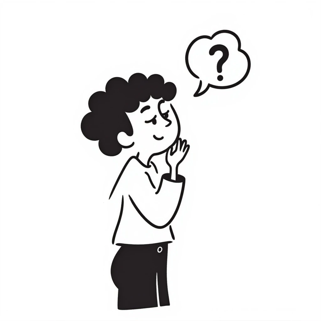 hand-drawn doodle of a person with hand on chin, pondering, thought bubble, minimal style emoji