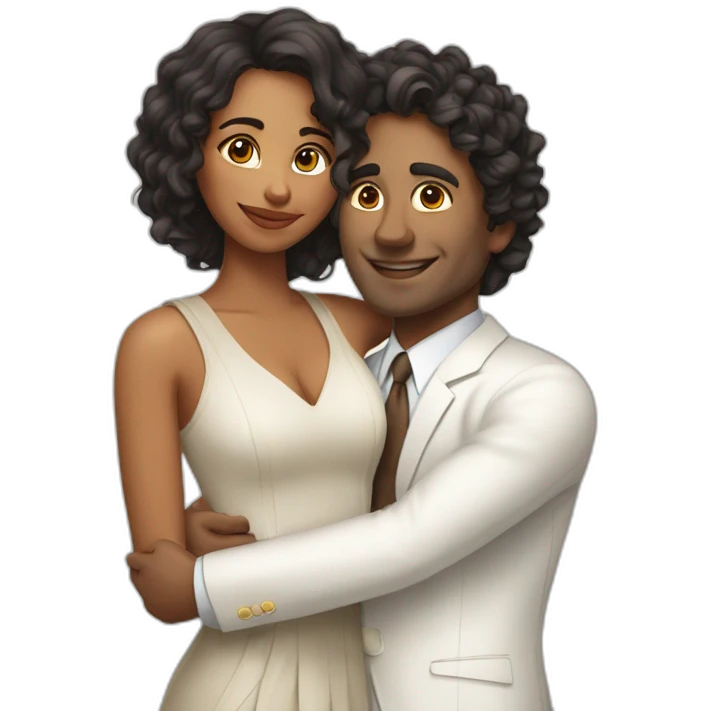 Indian woman with medium curly hair hugging a tall white man with brown hair in a white suit emoji