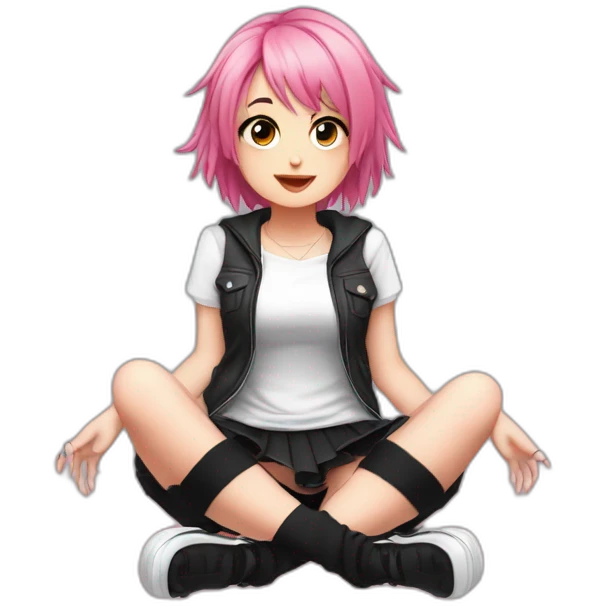 Full body Front view curvy emo girl pink hair sits on the floor straight view hands up black skirt полосатые рваные чулки emoji