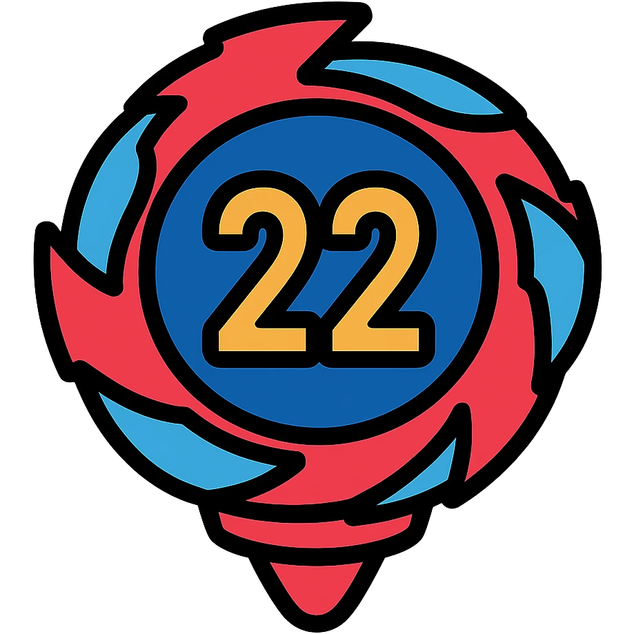 beyblade celeste y rojo con el número 22, icon with black outline and colorful details emoji