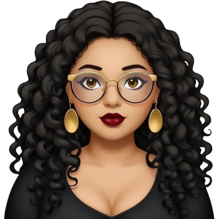 teen big plus size, latina, darker tan skin, gold earrings, long black curly hair, baddie,pretty, makeup, dark red lipgloss, black eyeliner, long hair, black top, black glasses emoji