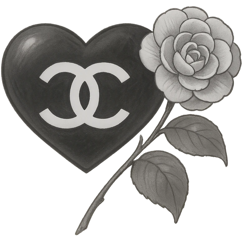 Chanel heart, dreamy, black and white, with a camellia flower emoji