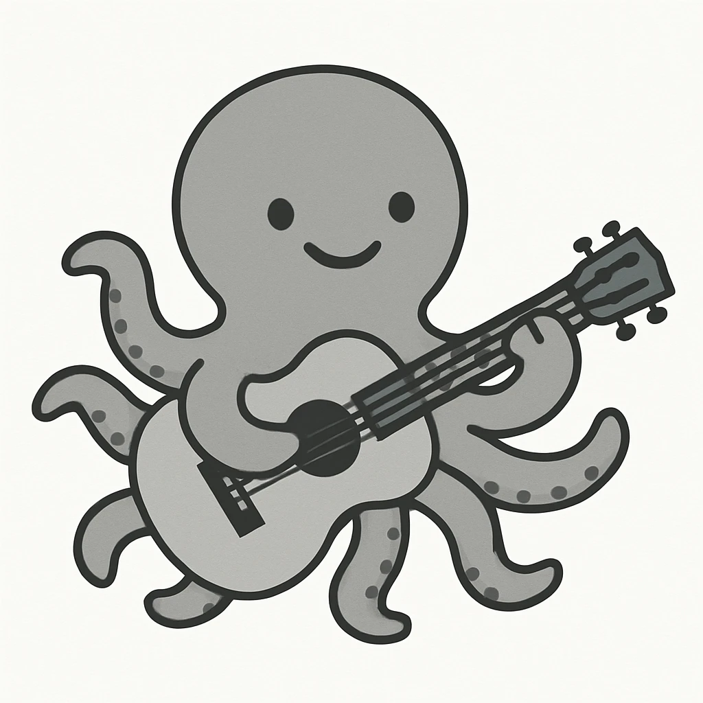 happy octopus with multiple arms playing guitar emoji