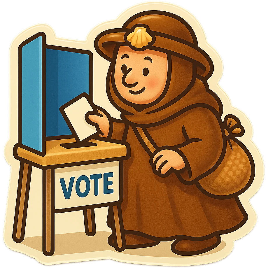 medieval pilgrim at a voting booth, brown cloak, cute and funny, sticker style emoji