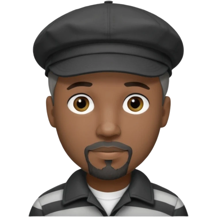 White Man with a dark grey goatee and a black newsboy cap. He is wearing a black and white striped shirt. He has dark black eyeliner  emoji