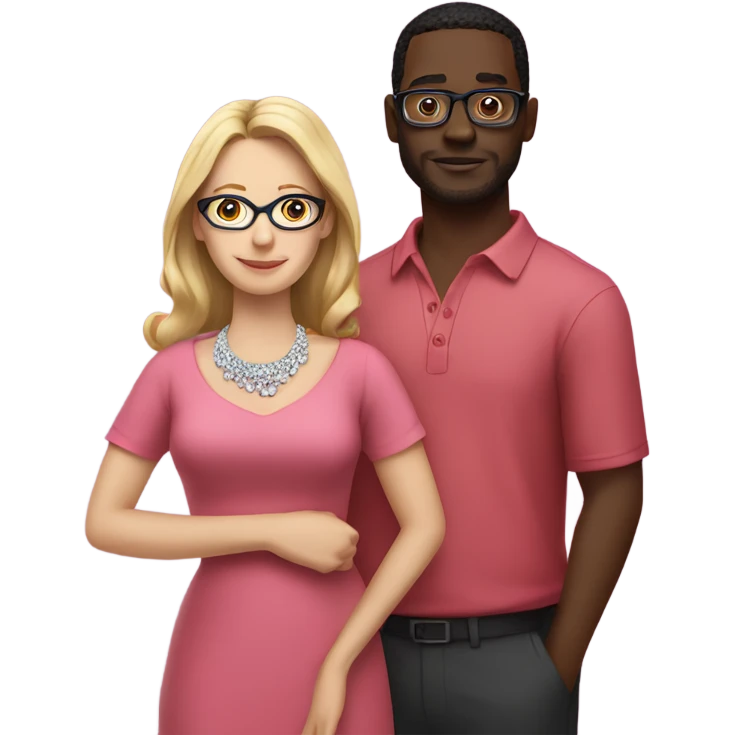 white woman wearing a pink dress and diamond necklace standing with a black guy with glasses wearing a red shirt emoji