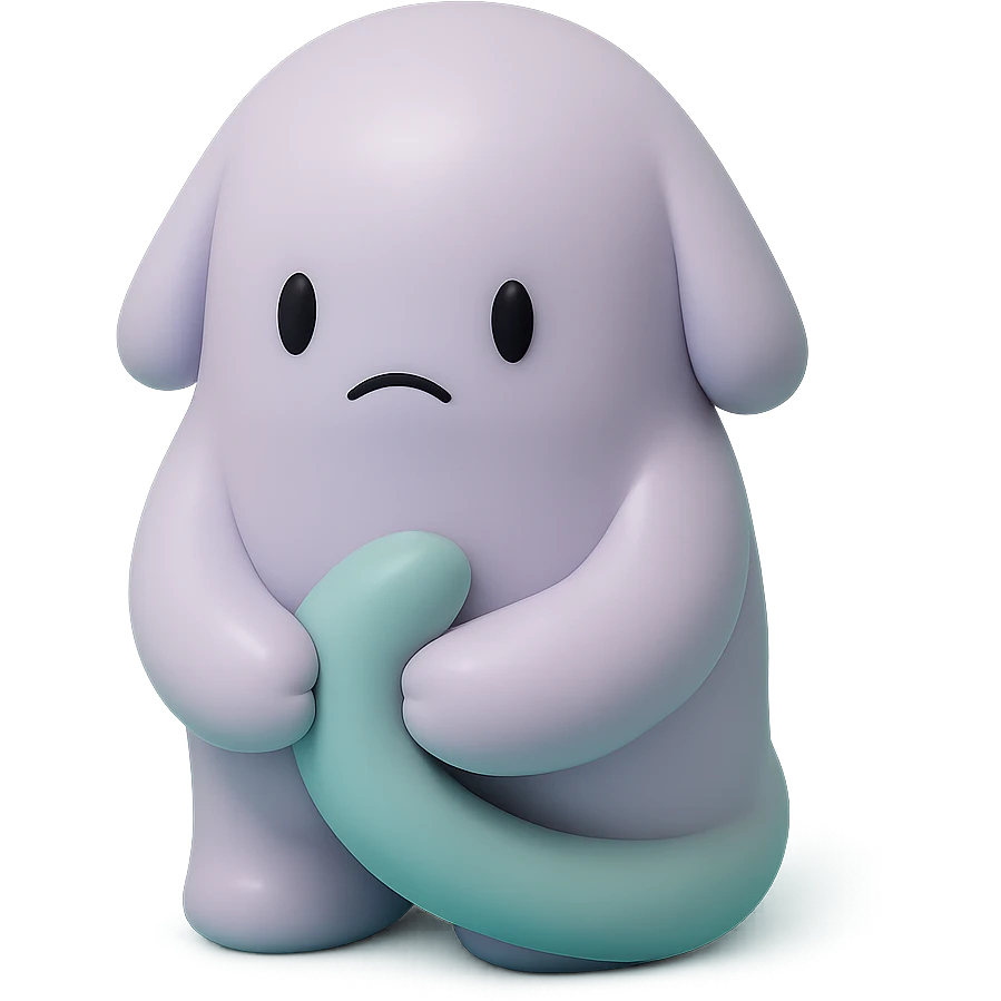 small monster with drooping shoulders, holding its own tail, gentle lighting, subtle colors, toy-like vinyl figure style emoji