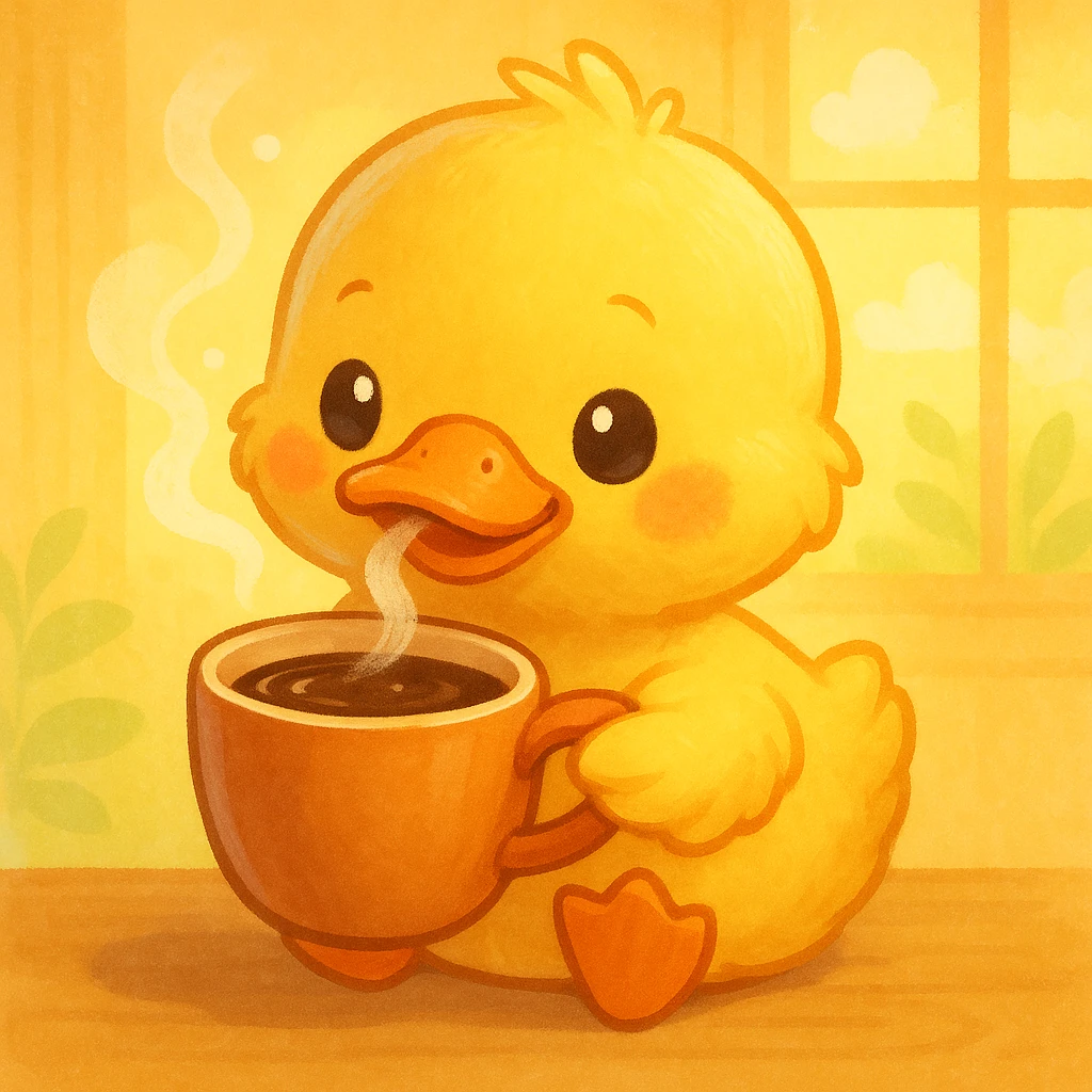 cute duck drinking coffee, bright and lovely atmosphere emoji