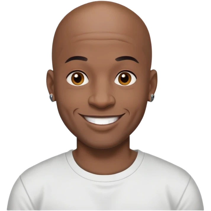 bald black man with bold full face tattoos, happy face, wearing a t-shirt emoji