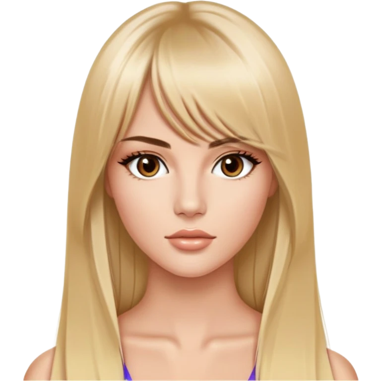 victoria’s secret model, very long straight blonde hair parted in the middle with bangs, almond-shaped brown eyes, brown eyebrows, oval face emoji