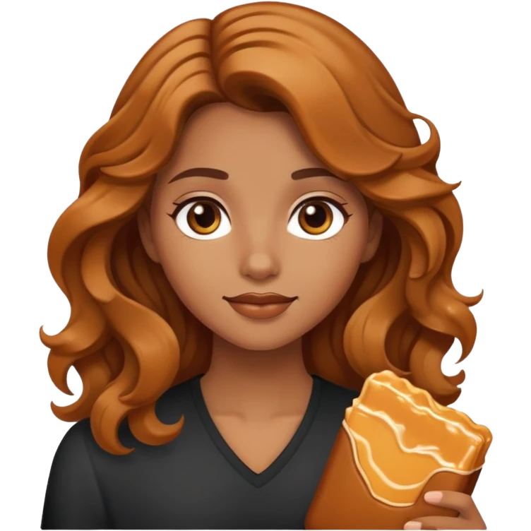 Una chica con cabello ondulado color caramelo, piel morena  emoji