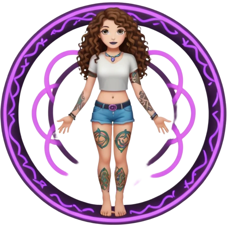 full body view of a woman with long curly brown hair, brown eyes, white skin, tattoos, standing in a magic circle on the ground, neon symbols around her feet emoji