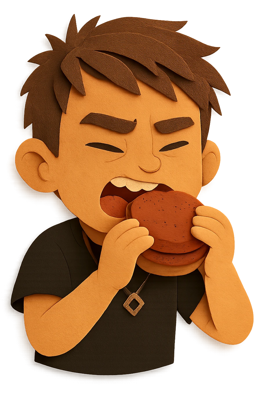 The same boy is now greedily chewing the meat patty emoji
