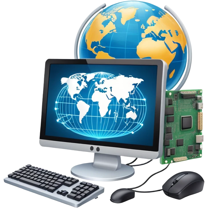 An icon featuring a computer monitor displaying code, a globe with network nodes, and a circuit board, symbolizing IT. The design includes data streams, cloud storage, and a keyboard, representing digital innovation, connectivity, and problem-solving. Transparent background emoji