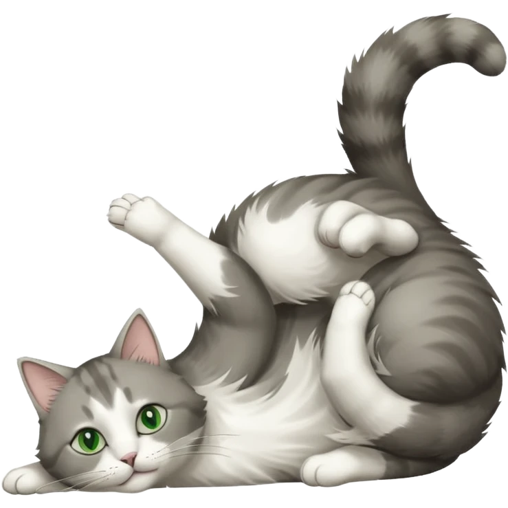 grey and white cat with green eyes doing a big extremely long stretch reaching up into the air with arms and legs side by side together straight and overextended whilst lying on its side emoji