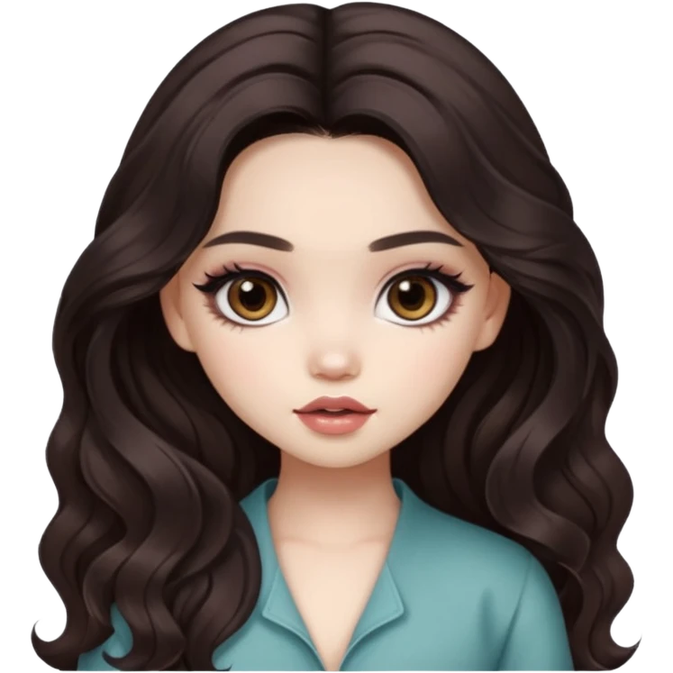 pale skin, girly bratz ASIAN vietnam baddie, beautiful dark brown eyes, pretty makeup, long dark to light ombré wavy hair emoji