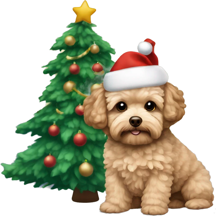 Brown, beige colored Maltipoo with Christmas hat and Christmas tree in the background  emoji