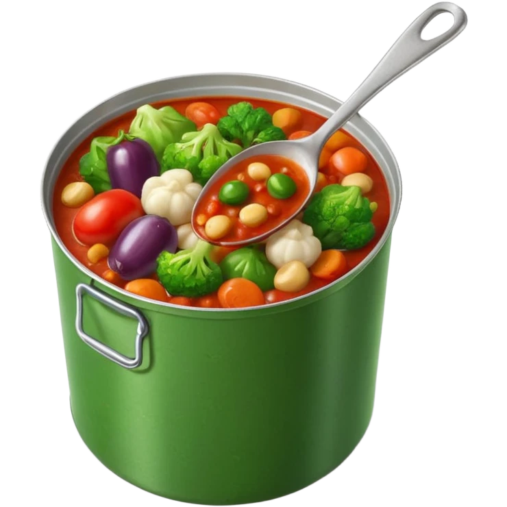 open tin can with chunky mixed vegetables in tomato sauce, no spoon or branding, soft lighting, subtle shadows, emoji scale emoji