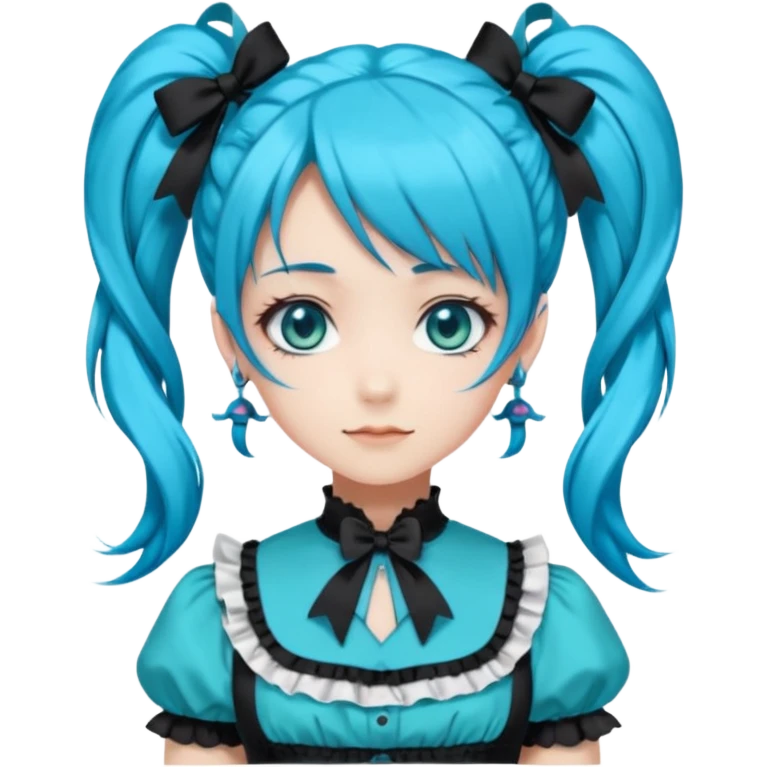 anime-style female character with bright turquoise hair styled in twin tails and matching blue eyes. Her outfit is a frilly turquoise and black dress in a Lolita-esque style, heavily contrasted with black ribbons and trim. A key detail is the"AWP" logo printed in black on the chest. happy variant emoji
