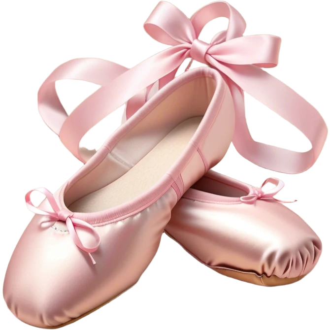 Cinematic Realistic Ballet Shoes, soft satin pink pointe shoes with delicate ribbons, resting gently on a polished wooden floor, subtle creases in the fabric, glowing under the warm golden light of a rehearsal studio, evoking elegance and grace. emoji