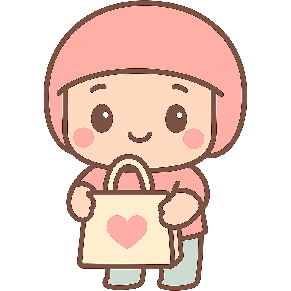 Edit the character to hand over the bag with both hands, maintaining the kawaii chibi anime style with flat pastel colors, thick outlines, and simple cute features. Keep the background transparent. emoji