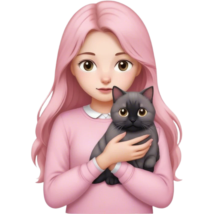 
girl with light brown long hair, grey eyes and fair skin in pink pastel clothes holds a black British cat in her arms emoji