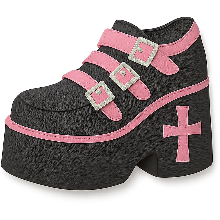 BLACKPINK-inspired gothic shoes, no hearts, layered and graphic, black and pink, paper craft style emoji