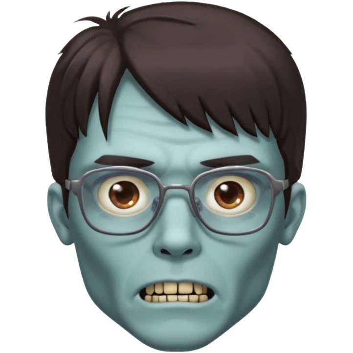 an emoji of a male zombie with dark brown hair and bangs that cover your entire forehead and extend to your eyebrows, wearing square, bluish glasses. emoji
