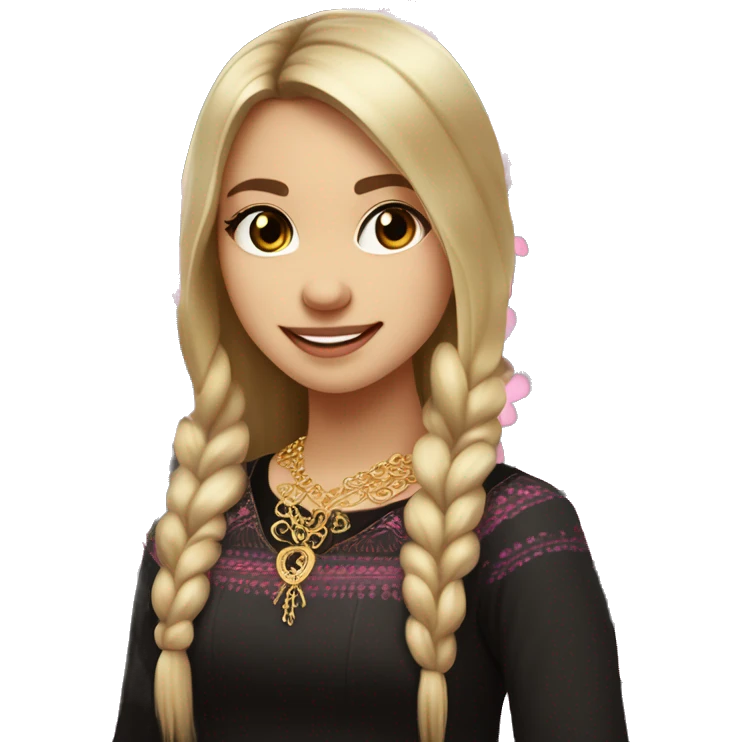 Slavic girl, light skin, brown eyes, black-to-blonde ombre straight tail, smiling with teeth, wearing beautiful dark blouse with a folk pattern of small pink flowers and gold necklace. emoji