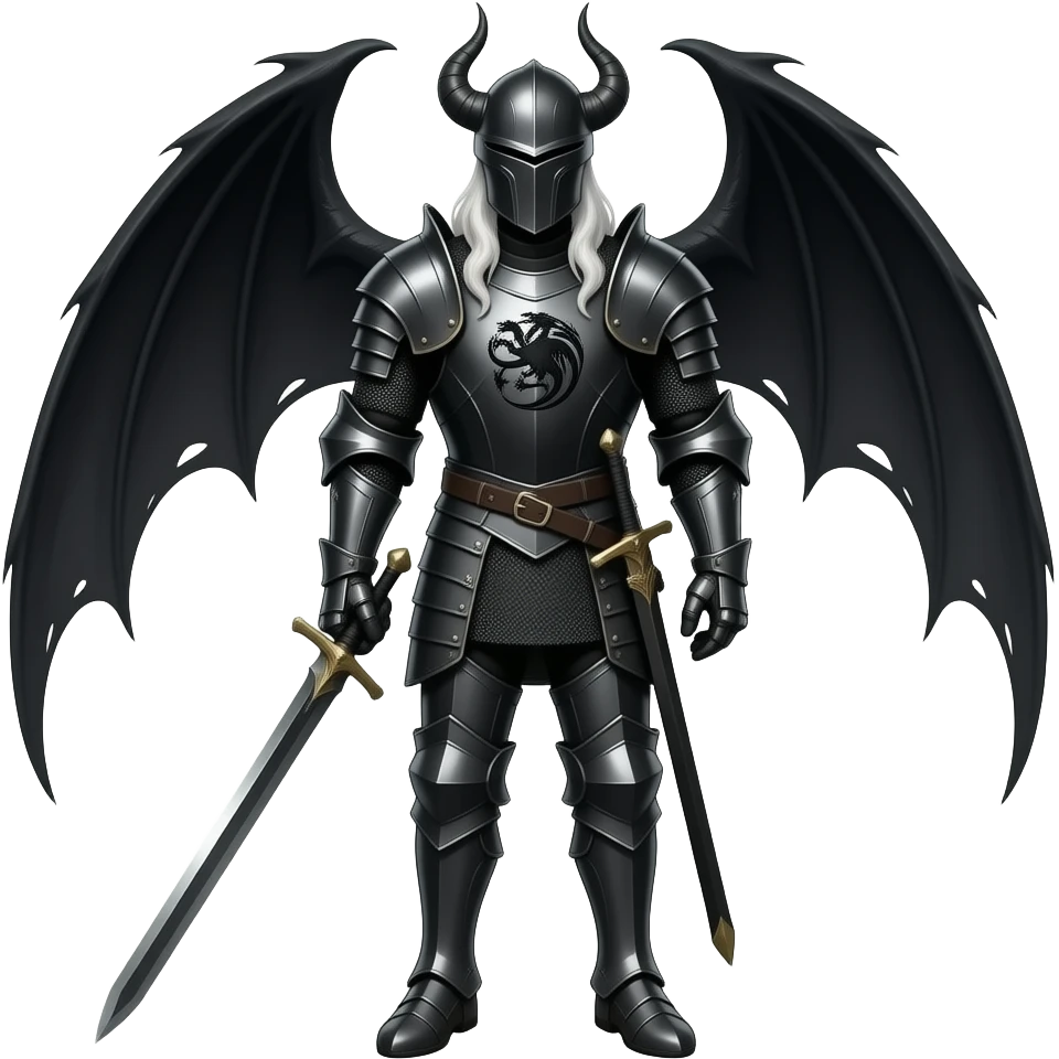 Згенеруй рицяаря з білим, довгим волоссям, в чорних обладунках, шолом прикрашений крилами дракона , на грудях герб таргаріенів однотонним чорним візерунком, він стоїть в повний зріст з чорним мечем emoji