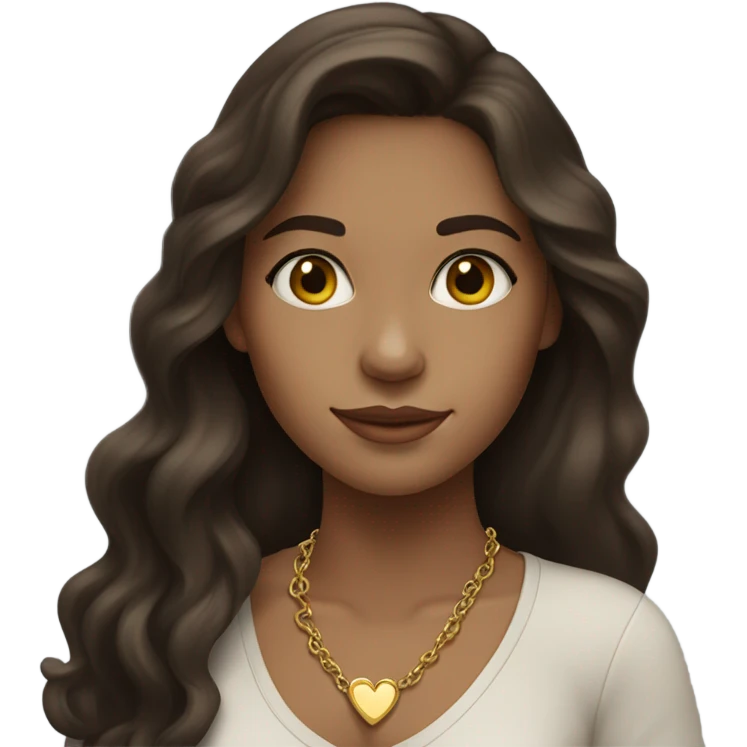 Brunette girl with long hair wavy wearing gold heart necklace light skin emoji
