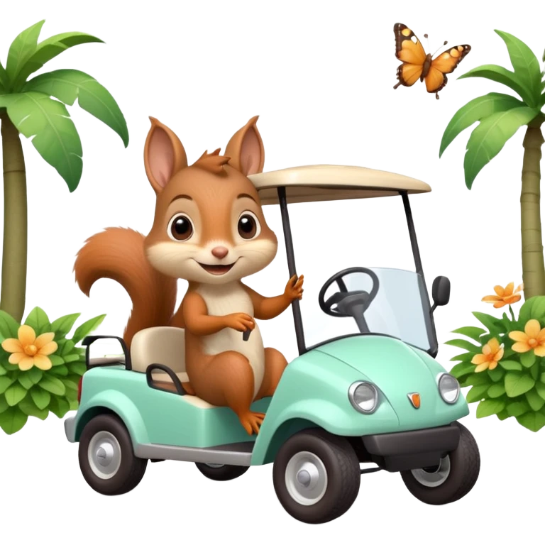 High-quality 3D Pixar-style mint green golf cart speeding in bright courtyard, driven by a super-cute smiling baby squirrel, glossy fur, big eyes, vibrant colors, smooth shading, butterflies, potted plants, bright daylight. emoji