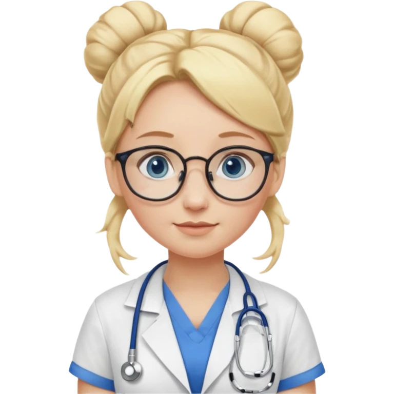 Blonde hair with two buns, blue eyes, stethoscope, and glasses emoji